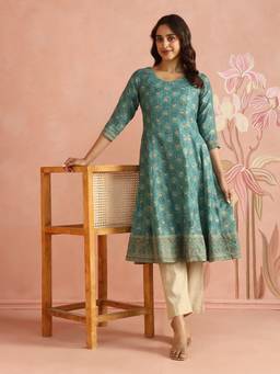 Fabindia - Turquoise Cotton Silk Hand Block Printed Long Kurta