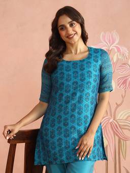 Fabindia - Teal Cotton Silk Hand Block Printed Slim Fit Short Kurta