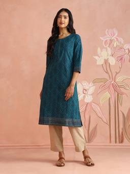Fabindia - Teal Cotton Hand Block Printed Long Kurta