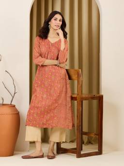Fabindia - Pink Cotton Silk Hand Block Printed Slim Fit Long Kurta