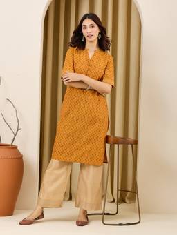 Fabindia - Yellow Cotton Hand Block Printed Knee Length Kurta