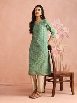 Fabindia - Green Cotton Hand Block Printed Long Kurta