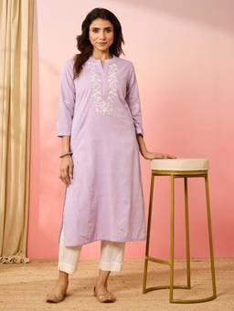 Fabindia - Lavender Cotton Embroidered Long Kurta