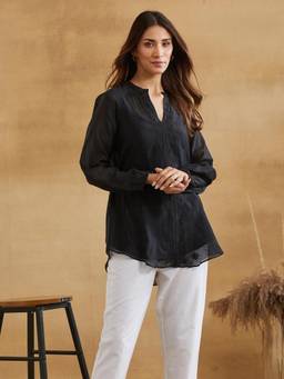 Fabindia - Black Cotton Silk Chikankari Clara Tunic With Slip