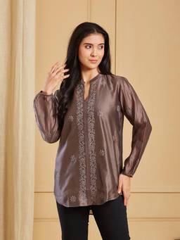 Fabindia - Brown Cotton Silk Chikankari Clara Tunic With Slip