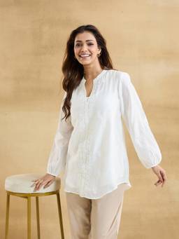 Fabindia - White Cotton Silk Chikankari Tunic With Slip