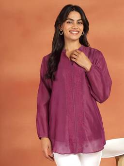 Fabindia - Purple Cotton Silk Chikankari Clara Tunic With Slip