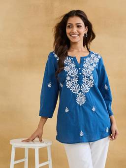 Fabindia - Blue Cotton Chikankari Tunic