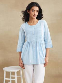 Fabindia - Light Blue Cotton Chikankari Tunic