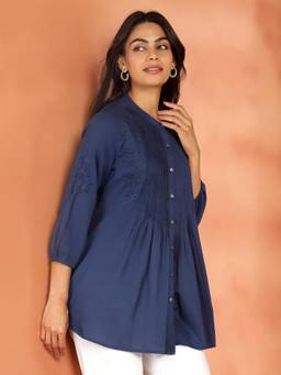 Fabindia - Navy Blue Cotton Chikankari Tunic