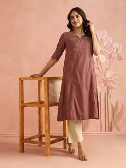 Fabindia - Rust Cotton Silk Applique Long Kurta