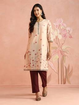 Fabindia - Beige Cotton Silk Madhubani Knee Length Kurta