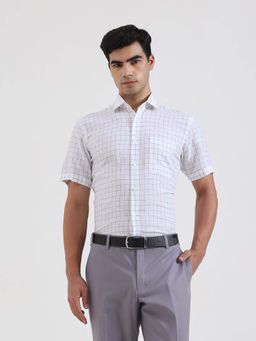 JadeBlue - Men White and Grey Checked Linen Formal Shirt