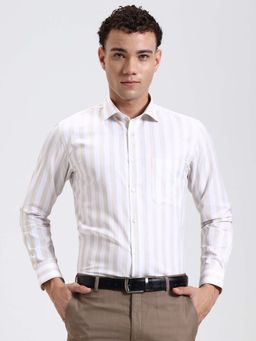 Greenfibre - Men Slim Fit White and Beige Formal Shirt