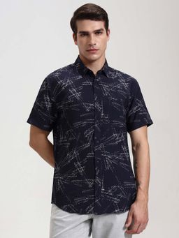 JadeBlue - Men Navy Blue Printed Rayon Casual Shirt
