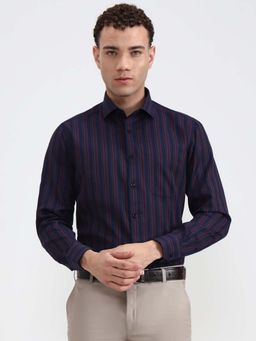 Greenfibre - Men Navy Blue Slim Fit Striped Formal Shirt
