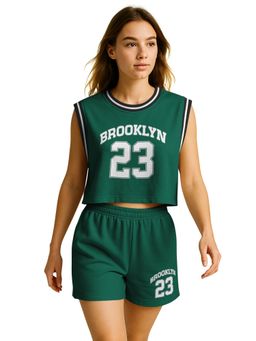 HELLCAT - Women Green Cotton Blend Graphic T-Shirt with Shorts