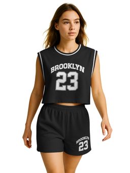 HELLCAT - Women Black Cotton Blend Graphic T-Shirt with Shorts