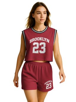 HELLCAT - Women Maroon Cotton Blend Graphic T-Shirt with Shorts