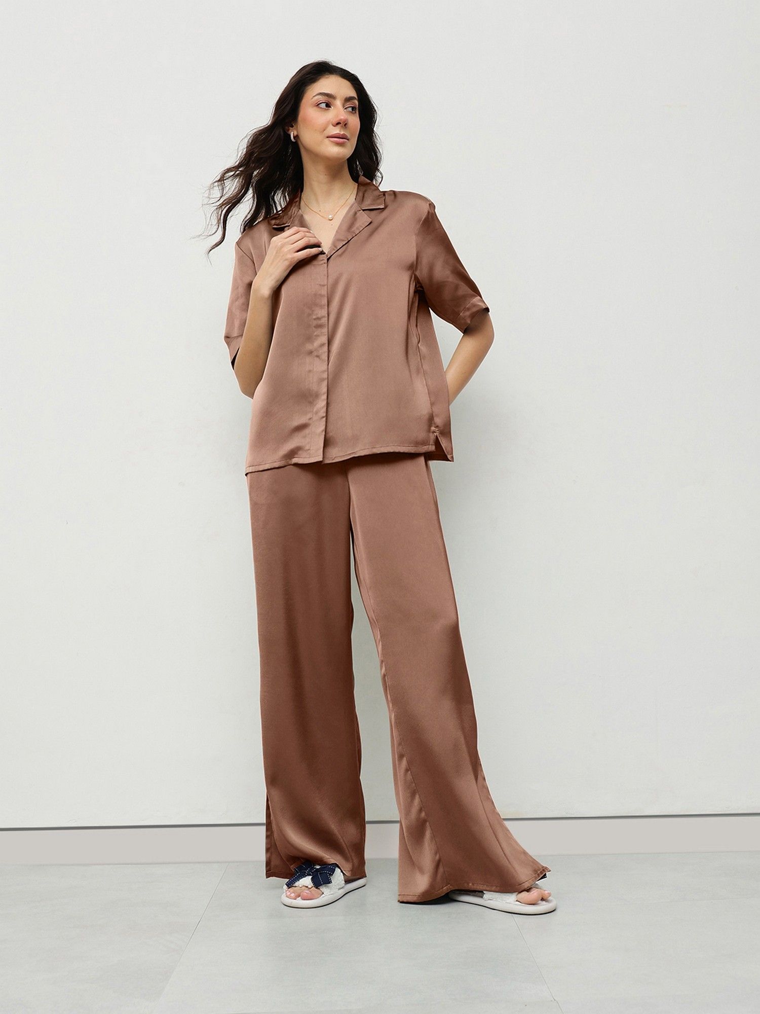 Women Brown Satin Solid Shirt with Pant-picture-30