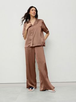 HOUSE OF S - Women Brown Satin Solid Shirt with Pant