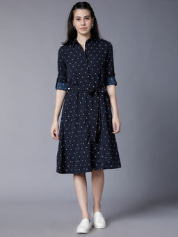 TOKYO TALKIES - Navy Blue Polka Dots Printed Shirt Dress