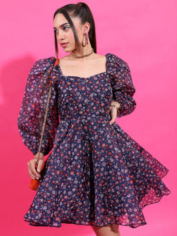 TOKYO TALKIES - Navy Blue Floral Printed Sweetheart Neck Puff Sleeve Fit and Flare Dress