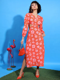 TOKYO TALKIES - Orange Floral Printed V-Neck Puff Sleeve Cut-Outs Fit and Flare Midi Dress