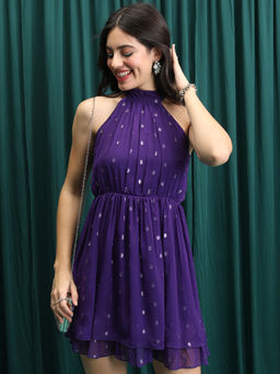 TOKYO TALKIES - Purple Self Design Fit and Flare Mini Dress