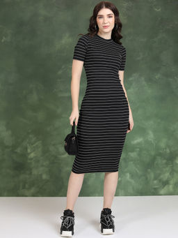 TOKYO TALKIES - Black and White Striped Bodycon Midi Dress