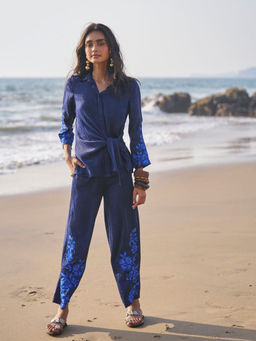 dash and dot - Blue Embroidered Cuff Shirt with Pant (Set of 2)
