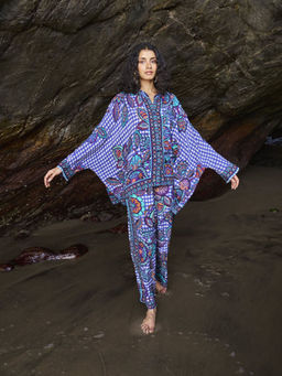 dash and dot - Blue Printed Check Boxy Kaftan Top with Pant (Set of 2)