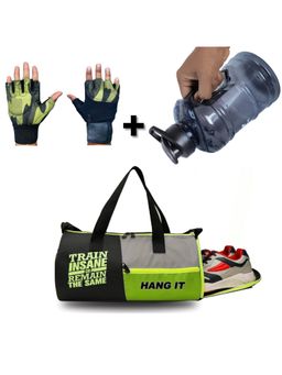Body Smith - Gym Essentials Combo Duffel Bag with Hand Gloves and Bottle - Green (M)