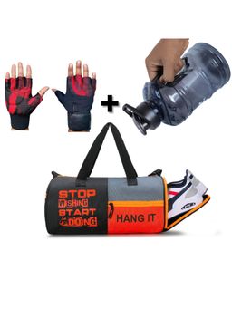 Body Smith - Gym Essentials Combo Duffel Bag with Hand Gloves and Bottle - Red (M)