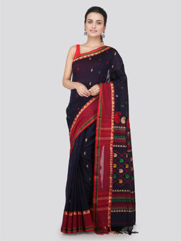 PinkLoom - Womens Cotton Saree with Unstitched Blouse-Navy Blue