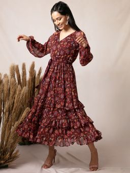 Twenty Dresses by Nykaa Fashion - Maroon Floral V Neck Midi Dress