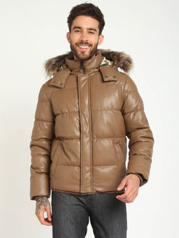 Guess - Brown Polyurethane Solid Puffer Jacket