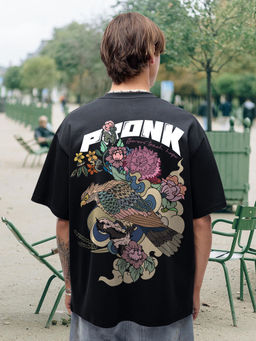 PRONK - Men Black Printed Premium Oversized Terry T-Shirt