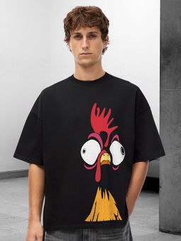 PRONK - The Roost Men Black Printed Premium Oversized Terry T-Shirt