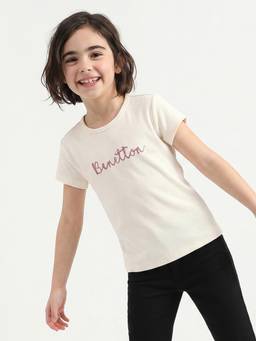United Colors of Benetton - Cream Regular Fit Crew Neck Typography T-Shirt