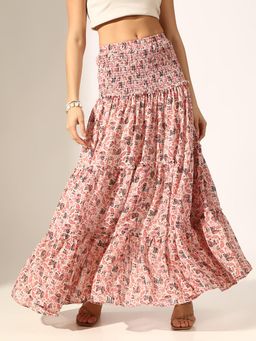 SHOWOFF - Floral Printed Pink Smocked Waist Tiered Maxi Skirt