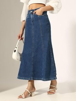 SHOWOFF - Panelled Navy Blue Denim Flared Skirt
