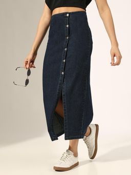 SHOWOFF - Navy Blue Denim Button-Down Front Slit Skirt