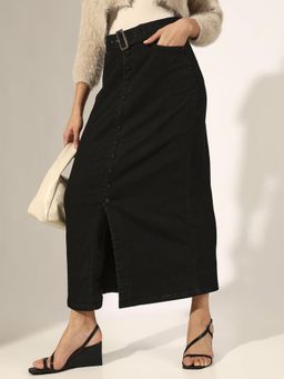 SHOWOFFFF - Black Denim Belted Button-Down Front Slit Skirt