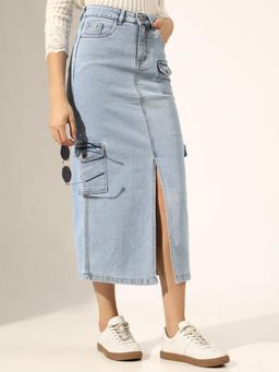 SHOWOFF - Light Blue Denim Skirt with Cargo Pocket and Front Slit