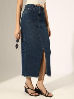 SHOWOFF - Dark Blue Front Slit Frayed Hem Denim Skirt