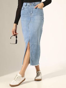 SHOWOFF - Light Blue Front Slit Frayed Hem Denim Skirt