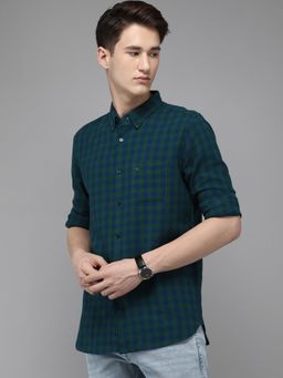 The Bear House - Men Green & Blue Checked Slim Fit Flannel Cotton Casual Shirt