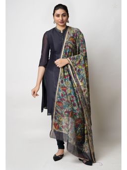 Unnati Silks - Pale Grey Pure Pen Kalamkari Hand Painted Chanderi Cotton Slik Dupatta