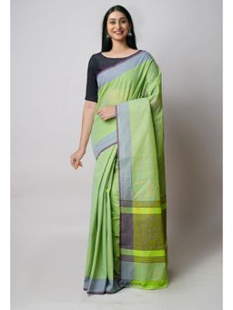 Unnati Silks - Parrot Green Pure Double Shade Plain Mangala Giri Cotton Saree with Unstitched Blouse